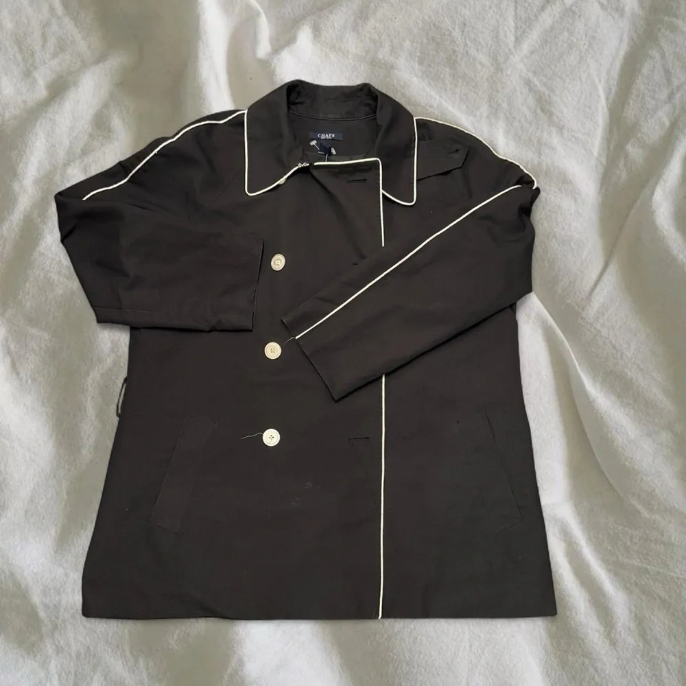 Chaps Black Trench Coat with White Trim - Picture 2 of 7